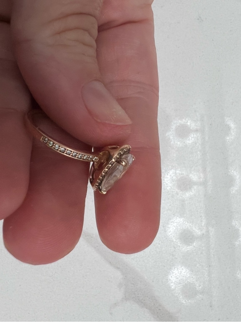 Pandora Rose Gold Teardrop Halo Ring with Clear Stone Size 7.5 - Picture 9 of 13